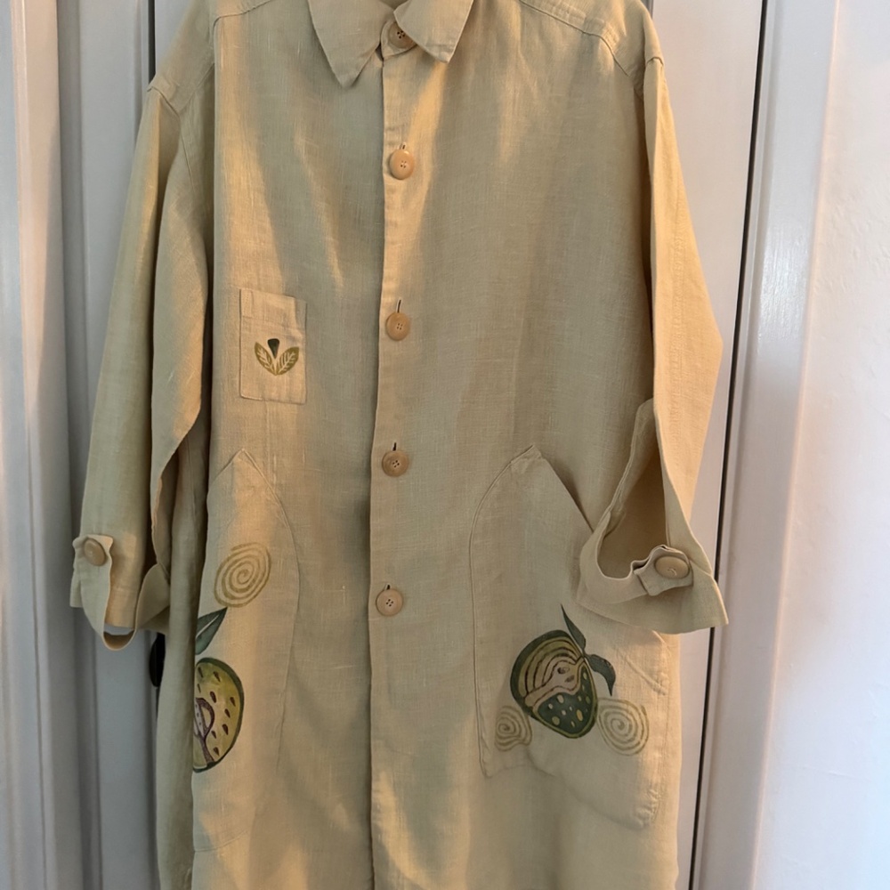 Blue Fish Hemp Linen Duster Jacket Dress Button Down Hand Paint Apples 1999 - Picture 15 of 16